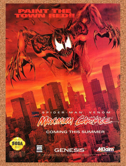 1993 Maximum Carnage Genesis Original Advertisement / Retro Wall Art v3