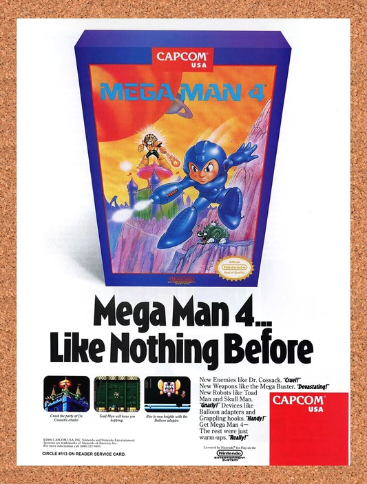 Mega Man 4 NES Original 1992 Ad Authentic Nintendo Video Game Promo v2