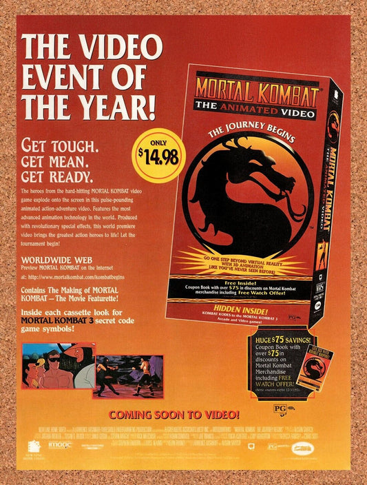 1994 Mortal Kombat Animated VHS Original Advertisement / Retro Wall Art v1