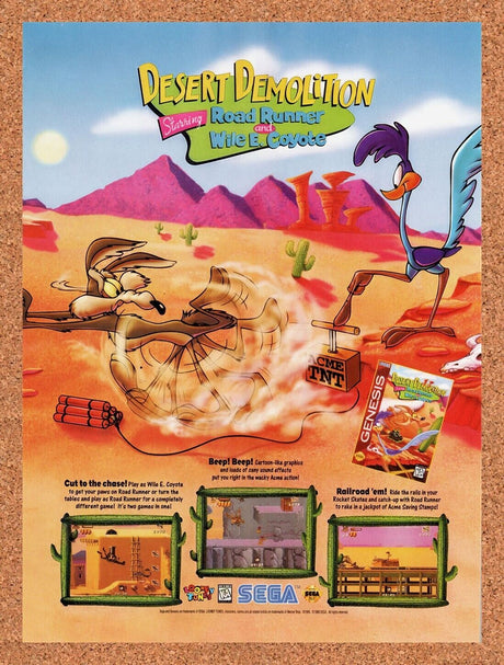 1995 Desert Demolition Staring Road Runner And Wile E Coyote Genesis Original Ad