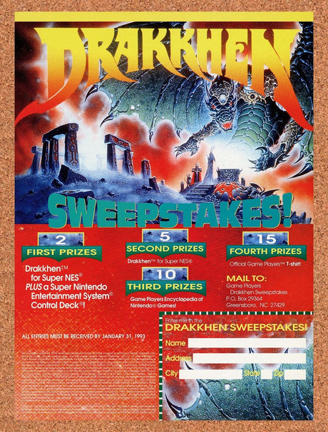 1992 Drakkhen Sweepstakes Original Advertisement / Retro Promo v3
