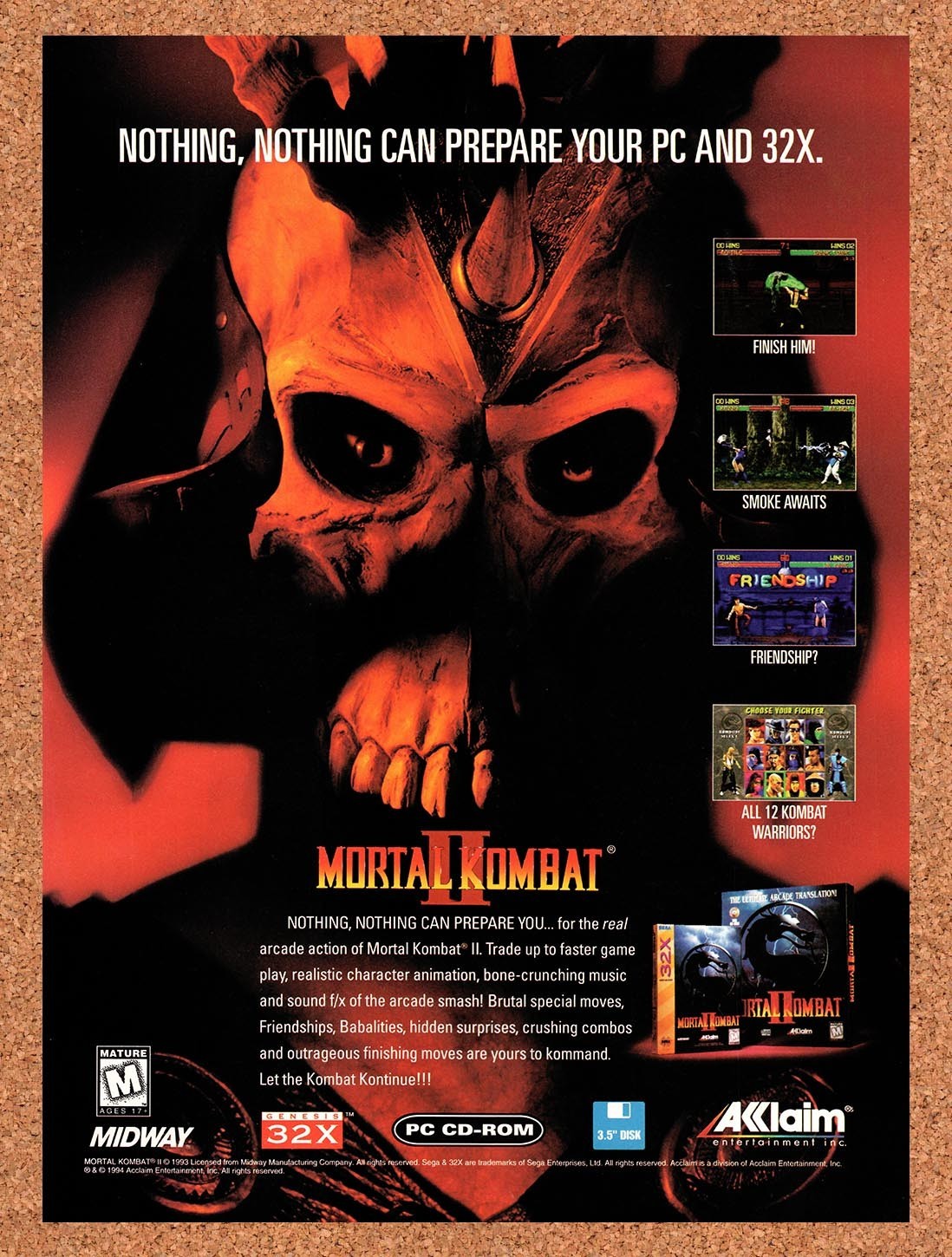 1995 Mortal Kombat II 32x PC Original Advertisement / Retro Promo v7
