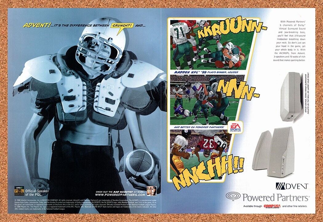 1999 Madden NFL 99 Advent Speakers Original Advertisement / Retro Wall Art v1
