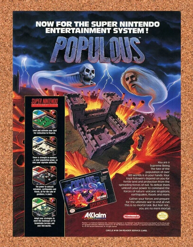 Populous SNES Original 1991 Ad Authentic Nintendo Sim Video Game Promo