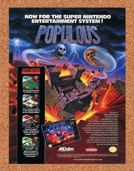 Populous SNES Original 1992 Ad Authentic Nintendo Sim Video Game Promo