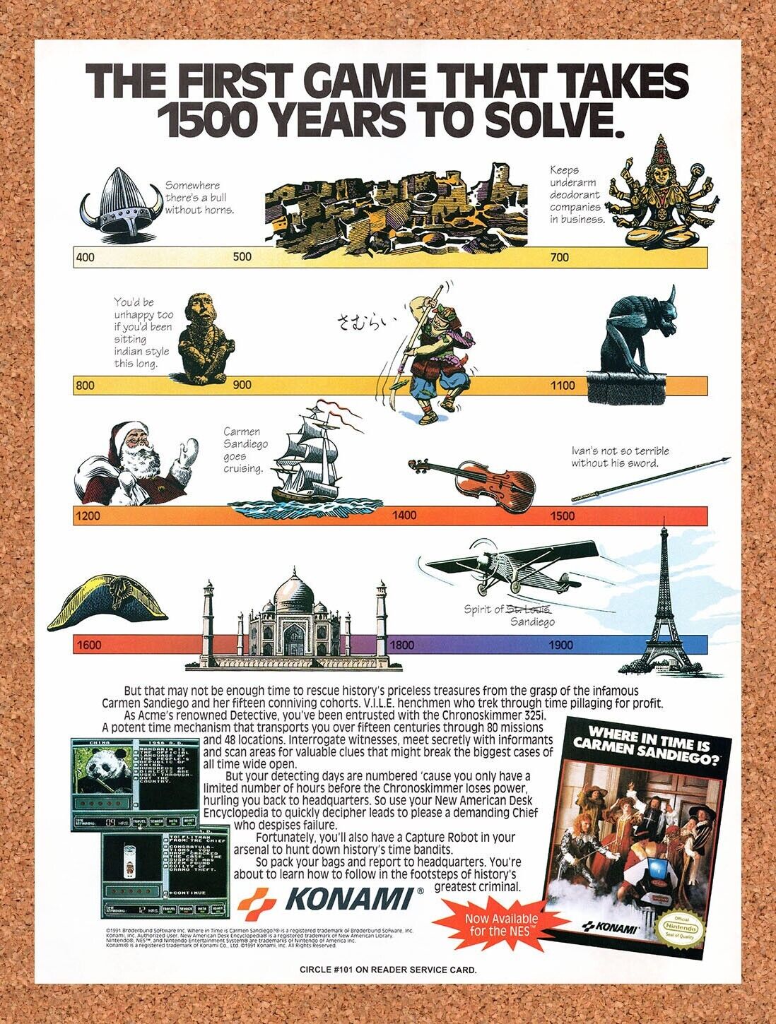 1992 Where In Time Is Carmen Time Is Carmen Sandiego? NES Original Ad/Wall Art