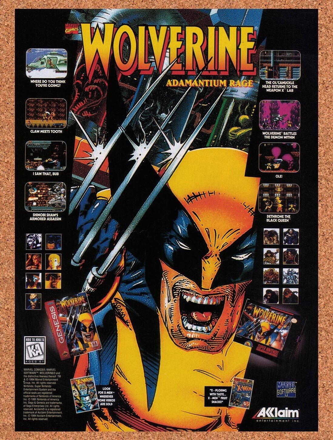 1995 Wolverine Adamantium Rage Genesis Original Ad / Retro Wall Art v2