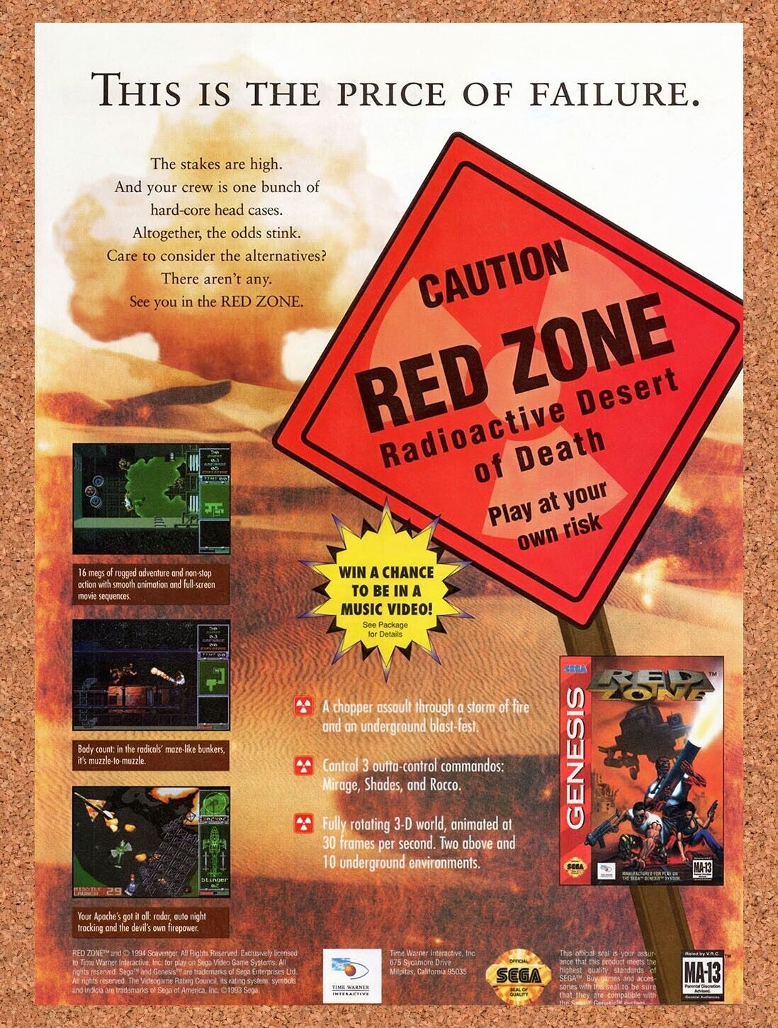 1995 Red Zone Genesis Original Advertisement / Retro Wall Art v1