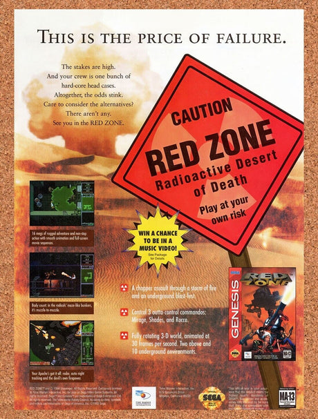 1995 Red Zone Genesis Original Advertisement / Retro Wall Art v1