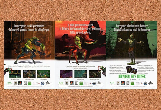 1998 Oddworld Abes Oddysee PC 3-Part Original Advertisement / Retro Wall Art v1