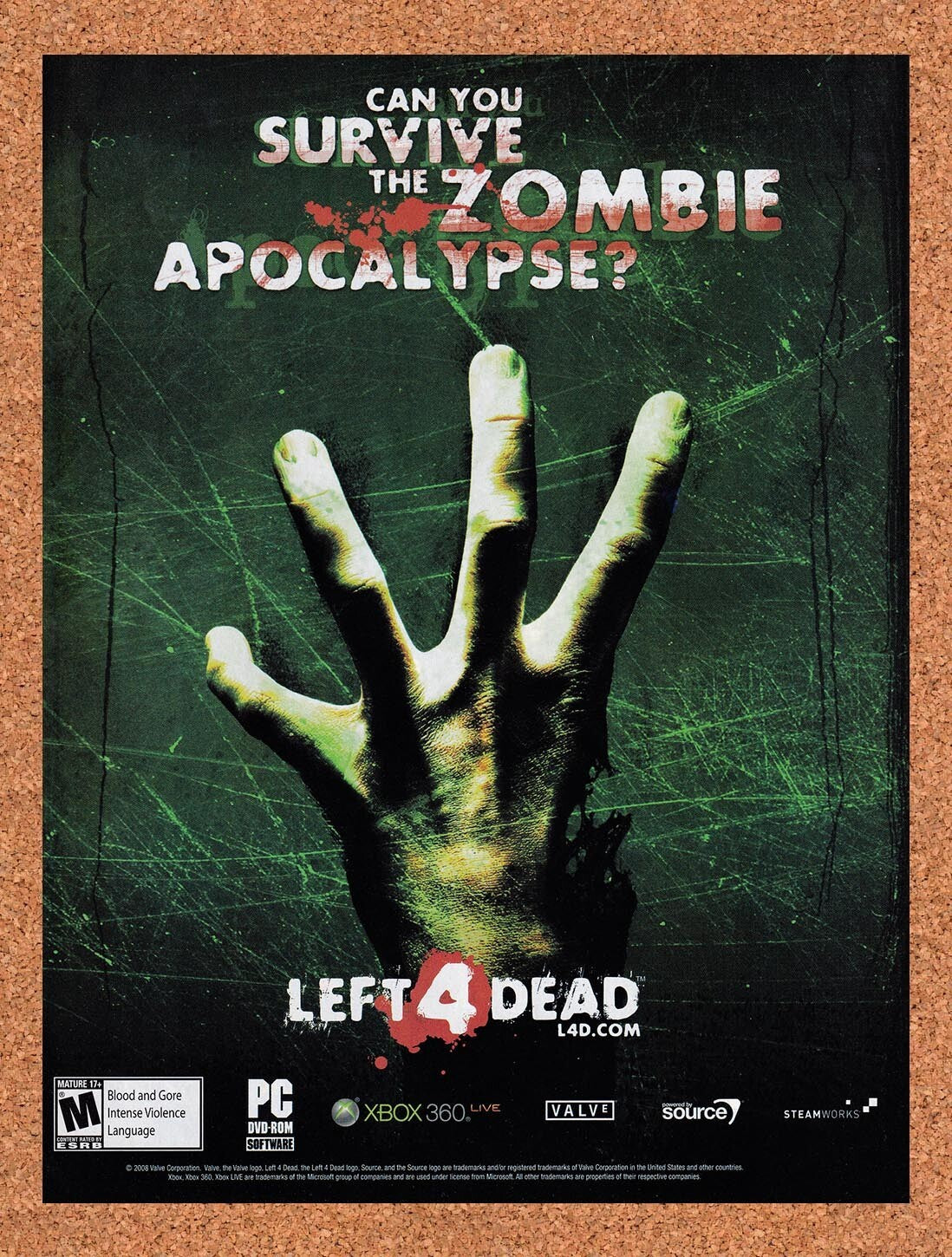 2008 Left 4 Dead Xbox 360 Original Advertisement / Retro Wall Art v2