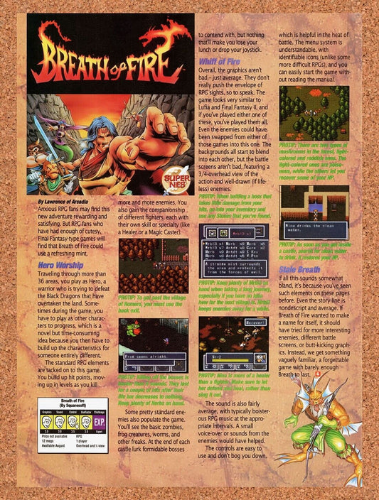1993 Breath Of Fire SNES Original Review Advertisement / Retro Wall Art v2