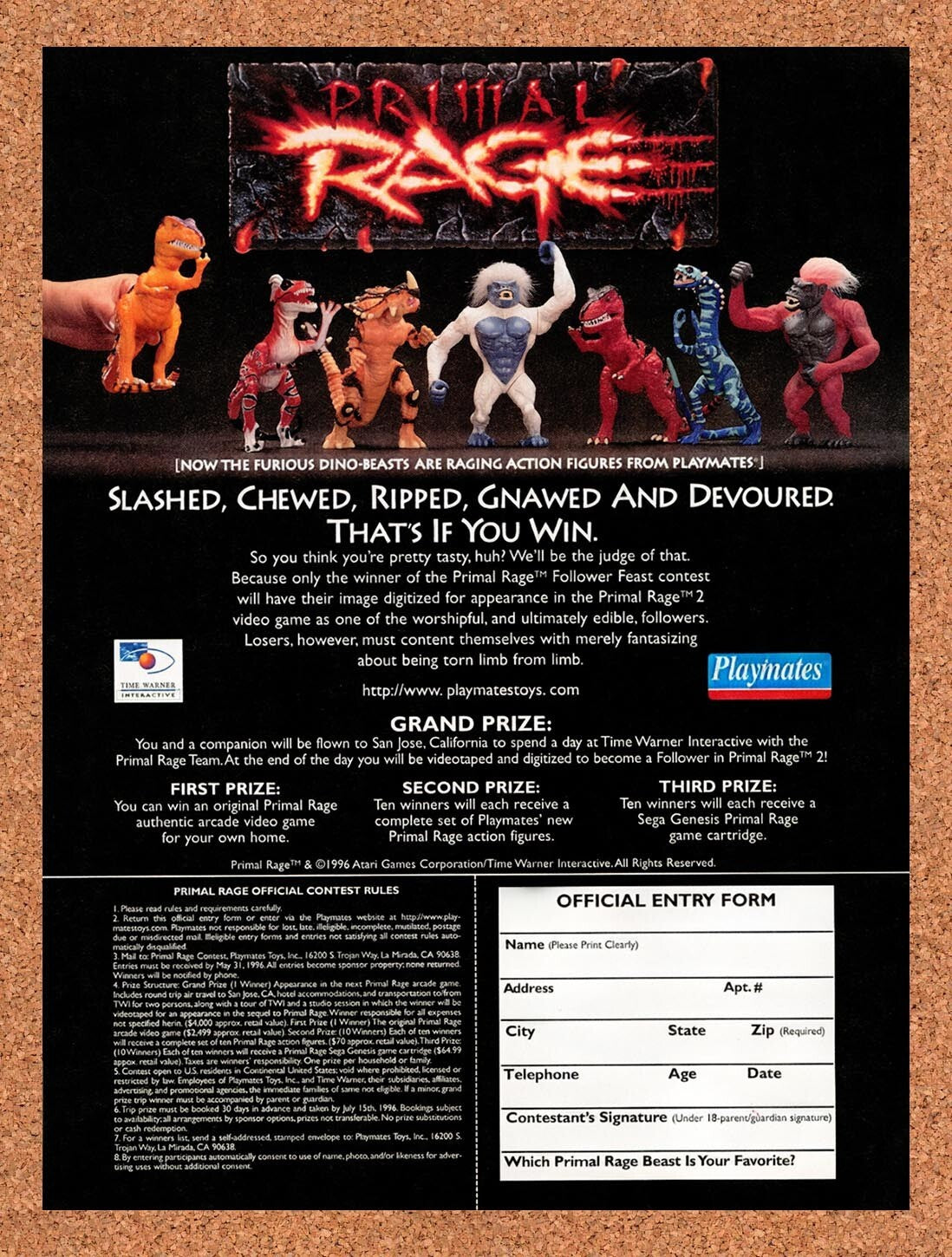 1995 Primal Rage Playmates Action Figures Contest Original Ad / Retro Art v2