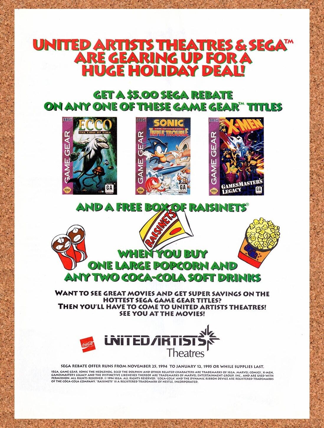 1995 Sega United Artists Rebate Original Advertisement / Retro Wall Art v1