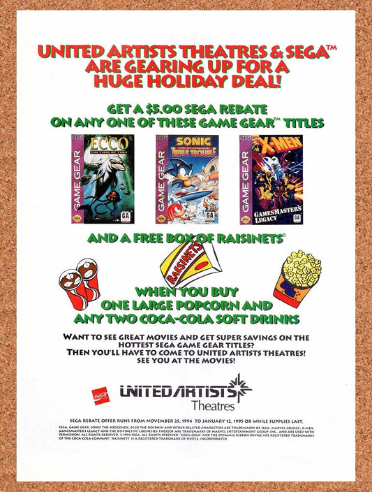 1994 Sega United Artists Rebate Original Advertisement / Retro Wall Art v1