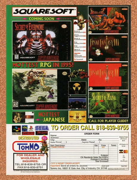 1995 Squaresoft SNES RPG Order Form Original Advertisement / Retro Wall Art v1