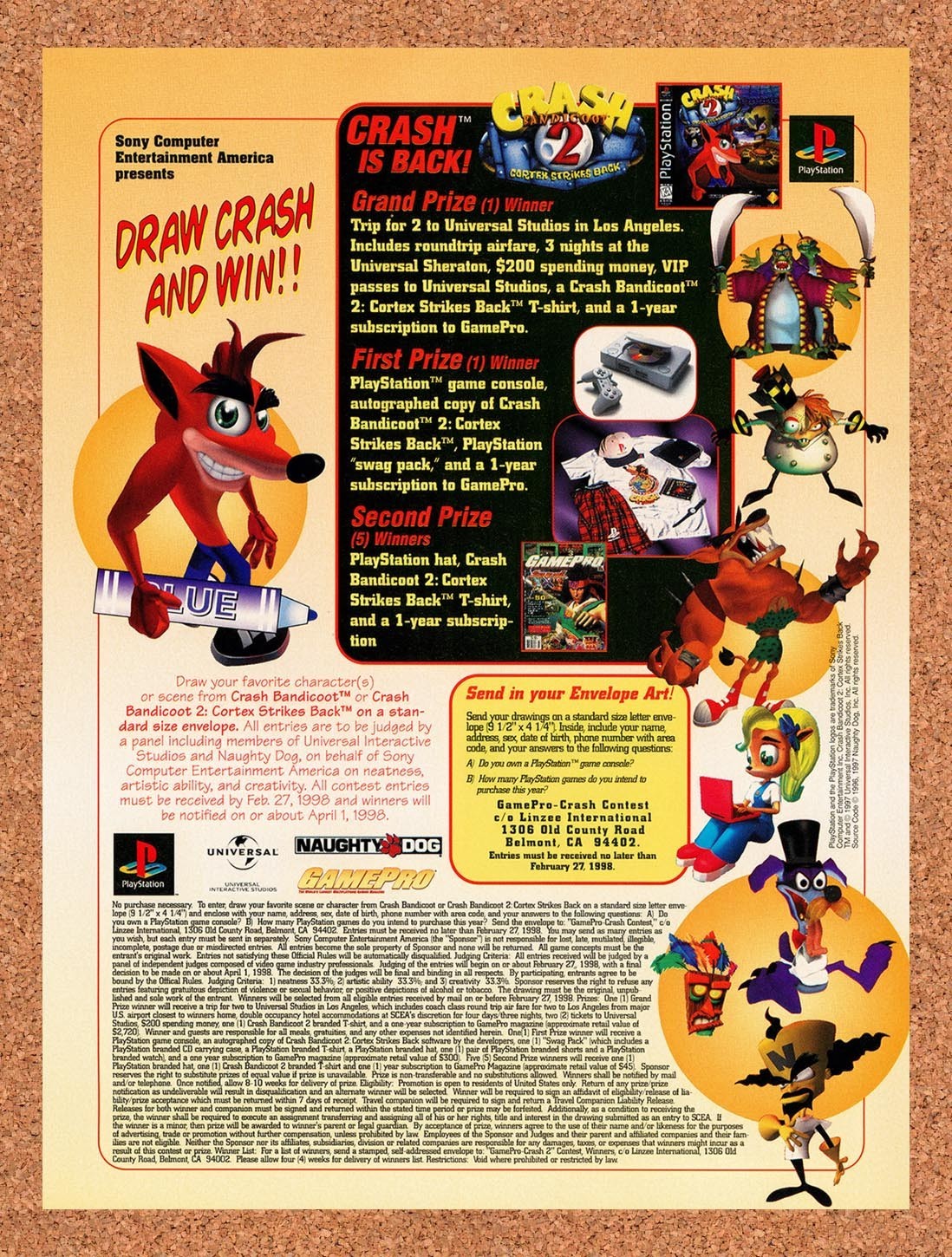 1998 Crash Bandicoot 2 Cortex Strikes Back Art Contest Original Ad / Promo v2