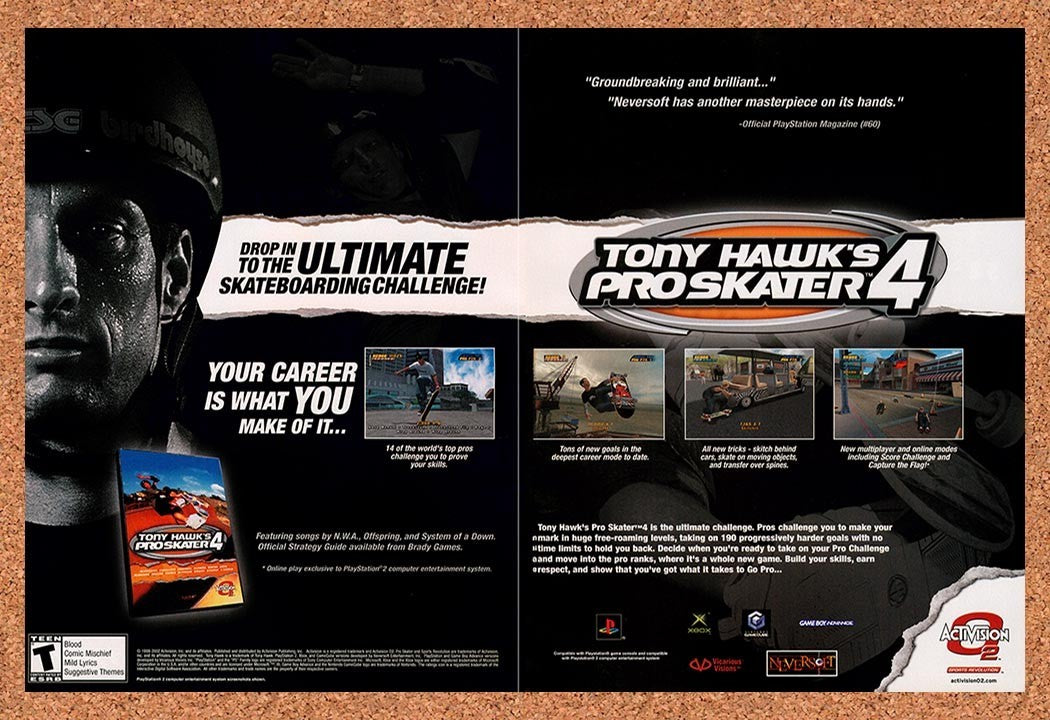 2002 Tonys Hawk's Pro Skater 4 PS2 Original Advertisement / Retro Promo v3
