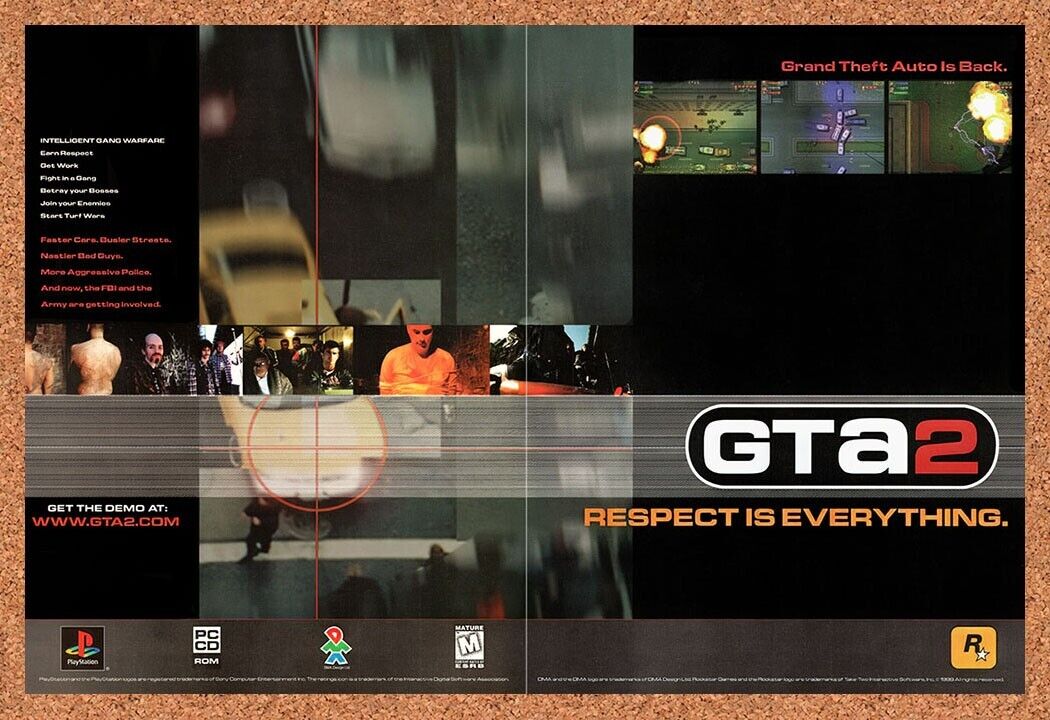1999 GTA 2 PS1 Original Advertisement / Retro Wall Art v4