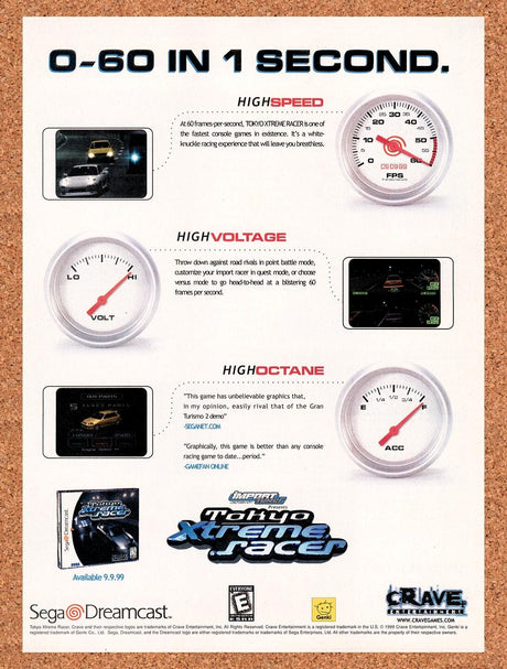 1999 Tokyo Xtreme Racer Dreamcast Original Advertisement / Retro Wall Art v2