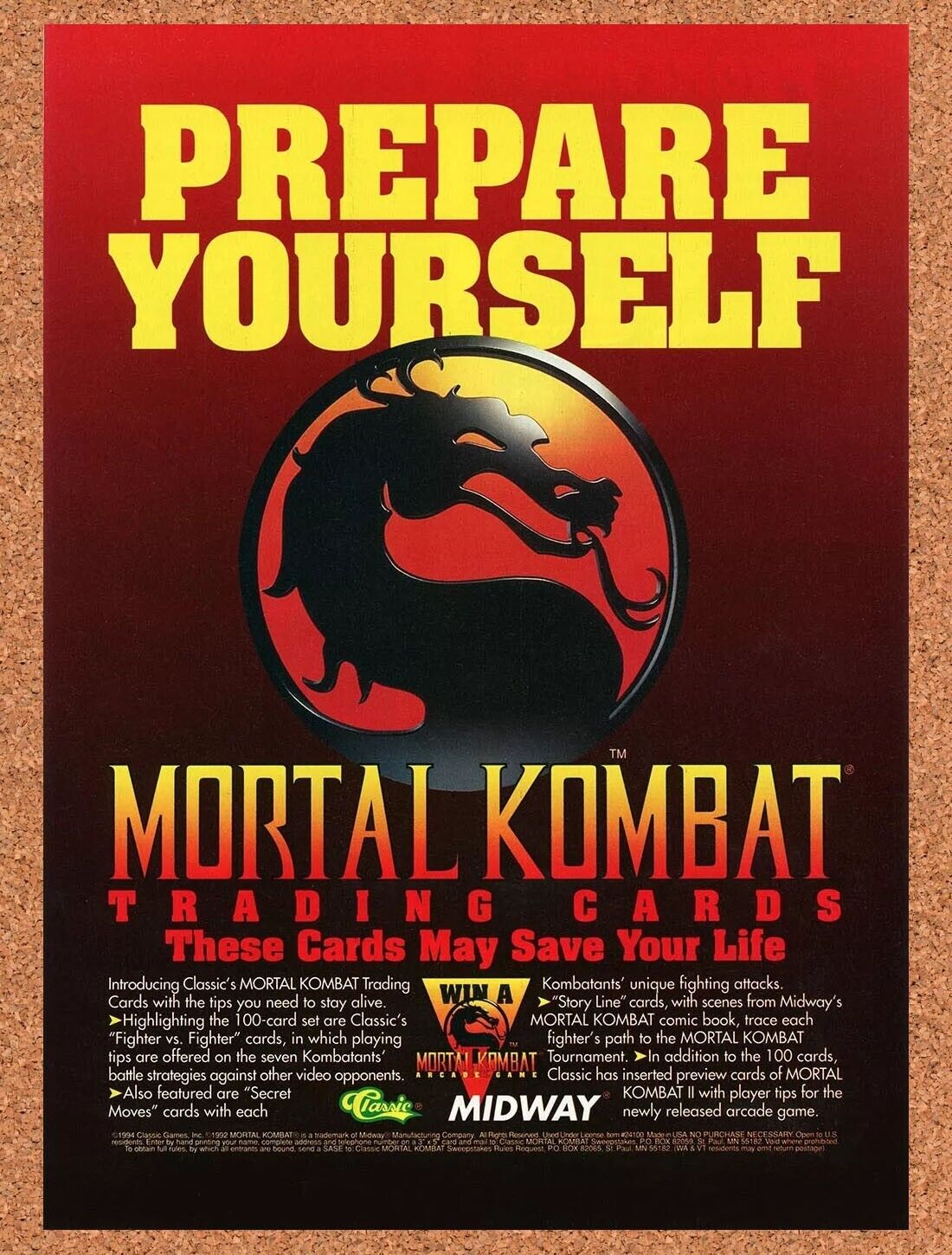 Mortal Kombat Trading Cards Original 1994 Ad Authentic Video Game Promo