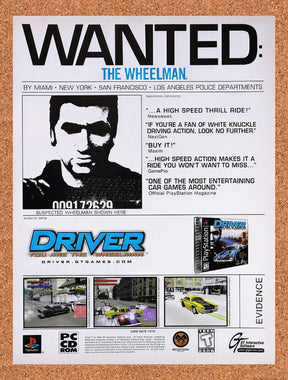 1999 Driver 1 You Are The Wheelman PS1 Original Ad / Retro Wall Art v3