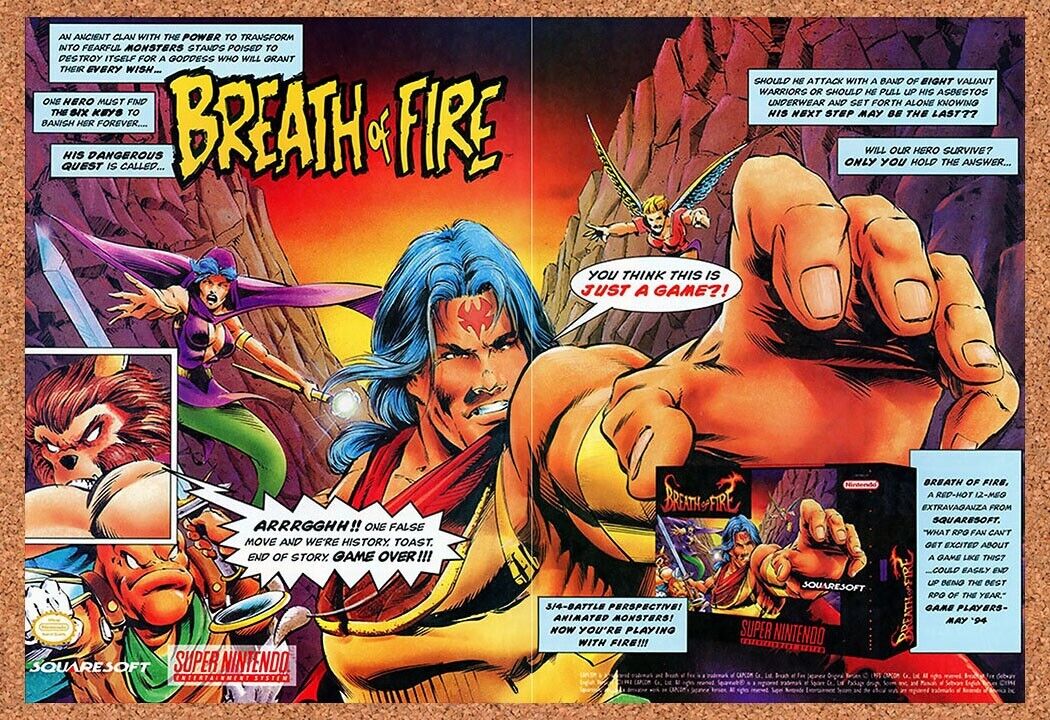 Breath Of Fire SNES Original 1992 Print Ad Authentic Capcom RPG Game Promo