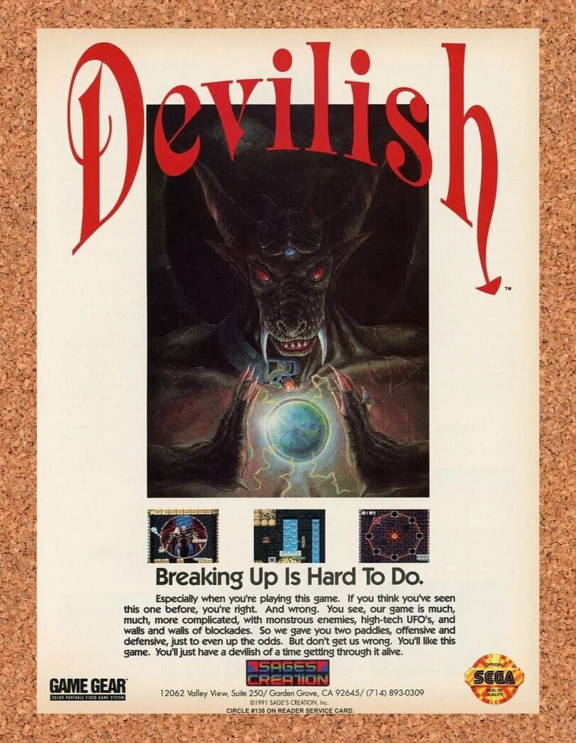 Devilish Game Gear Original 1992 Ad Authentic Retro Sega Video Game Promo