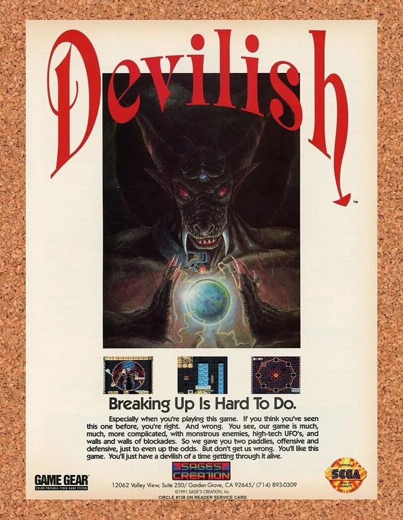 Devilish Game Gear Original 1991 Ad Authentic Retro Sega Video Game Promo