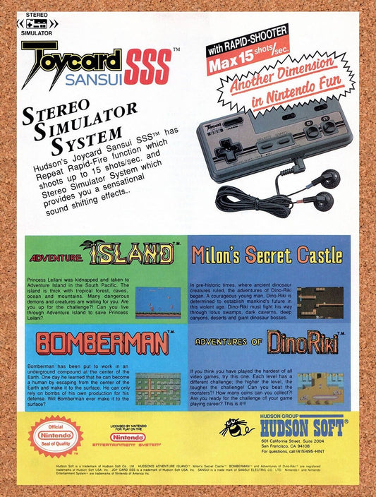 1988 Hudson Soft NES Toycard Sansui SSS Controller Original Ad / Wall Art v1