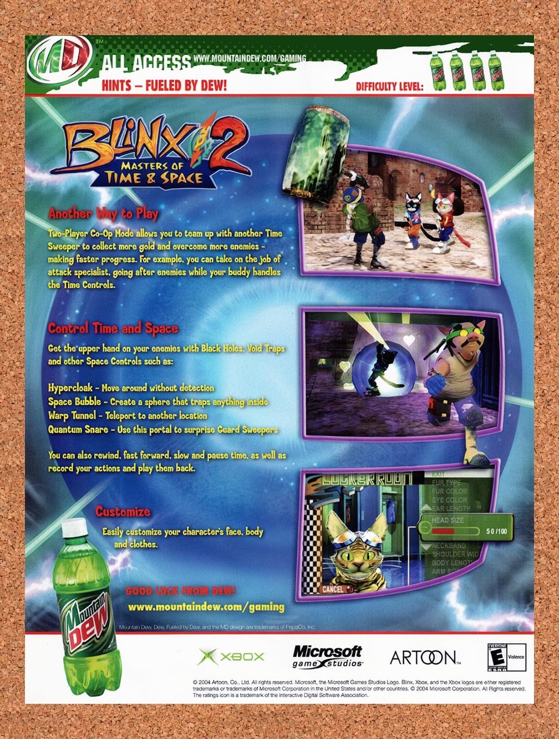 2004 Blinx 2 Masters Of Time & Space Mountain Dew Xbox Hints Original Ad v1