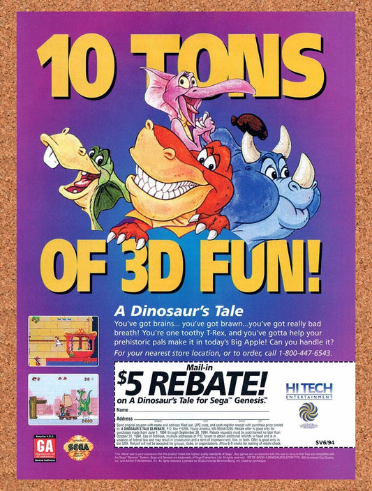 1993 A Dinosaur's Tale Rebate Original Advertisement / Retro Wall Art v1