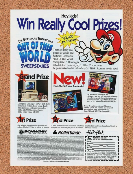 Mario Is Missing SNES Sweepstakes Original 1995 Ad Authentic Nintendo Promo