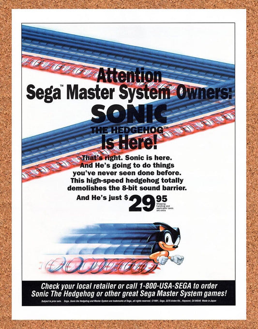 Sonic Sega Master System Original Advertisement / Retro Wall Art v8