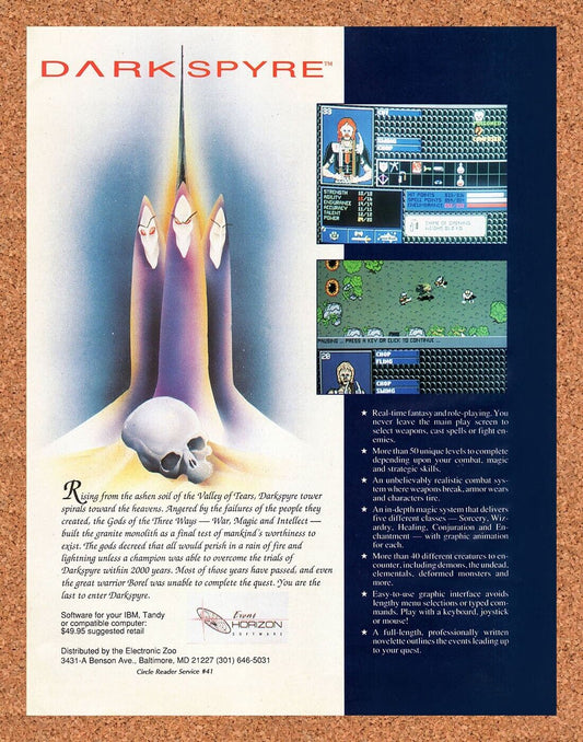 DarkSpyre Tandy Original 1990 Vintage Ad - Video Game Promo
