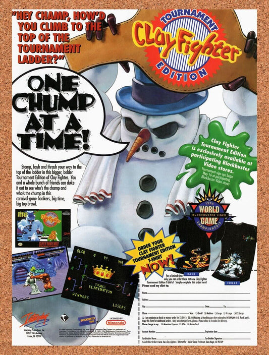 1993 ClayFighter Tournament Edition Blockbuster Sweepstakes Original Ad / Art v1