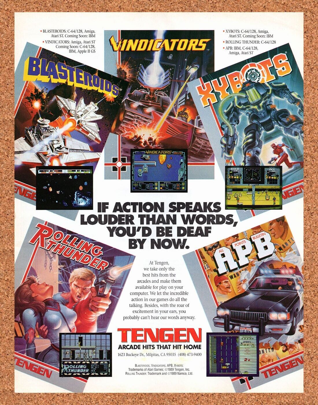 Tengen Amiga Games Original 1989 Vintage Ad - APB Xybots Video Game Promo