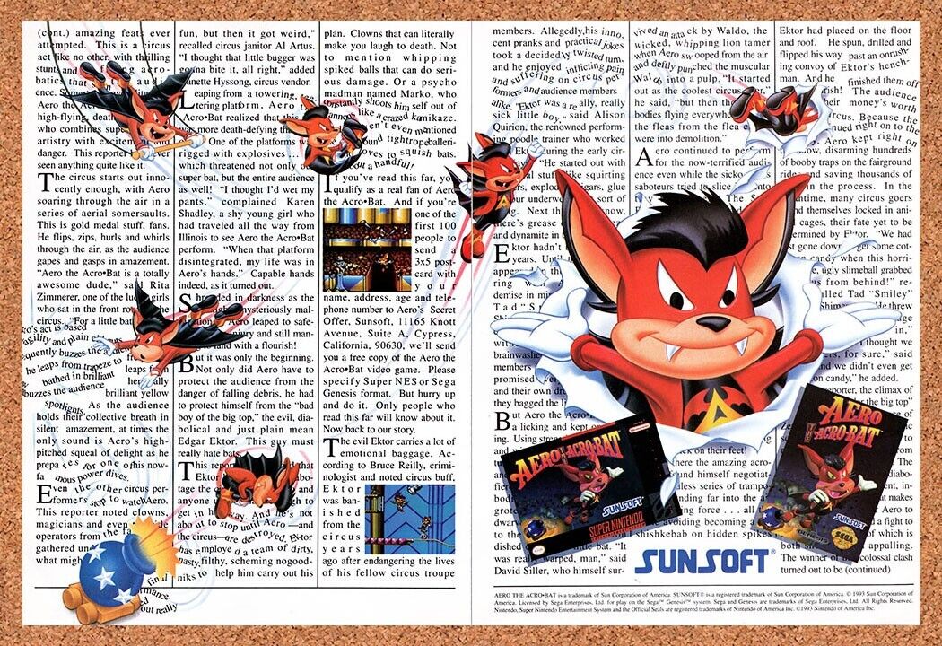 1993 Aero The Acro-Bat SNES Original Advertisement / Retro Wall Art v2