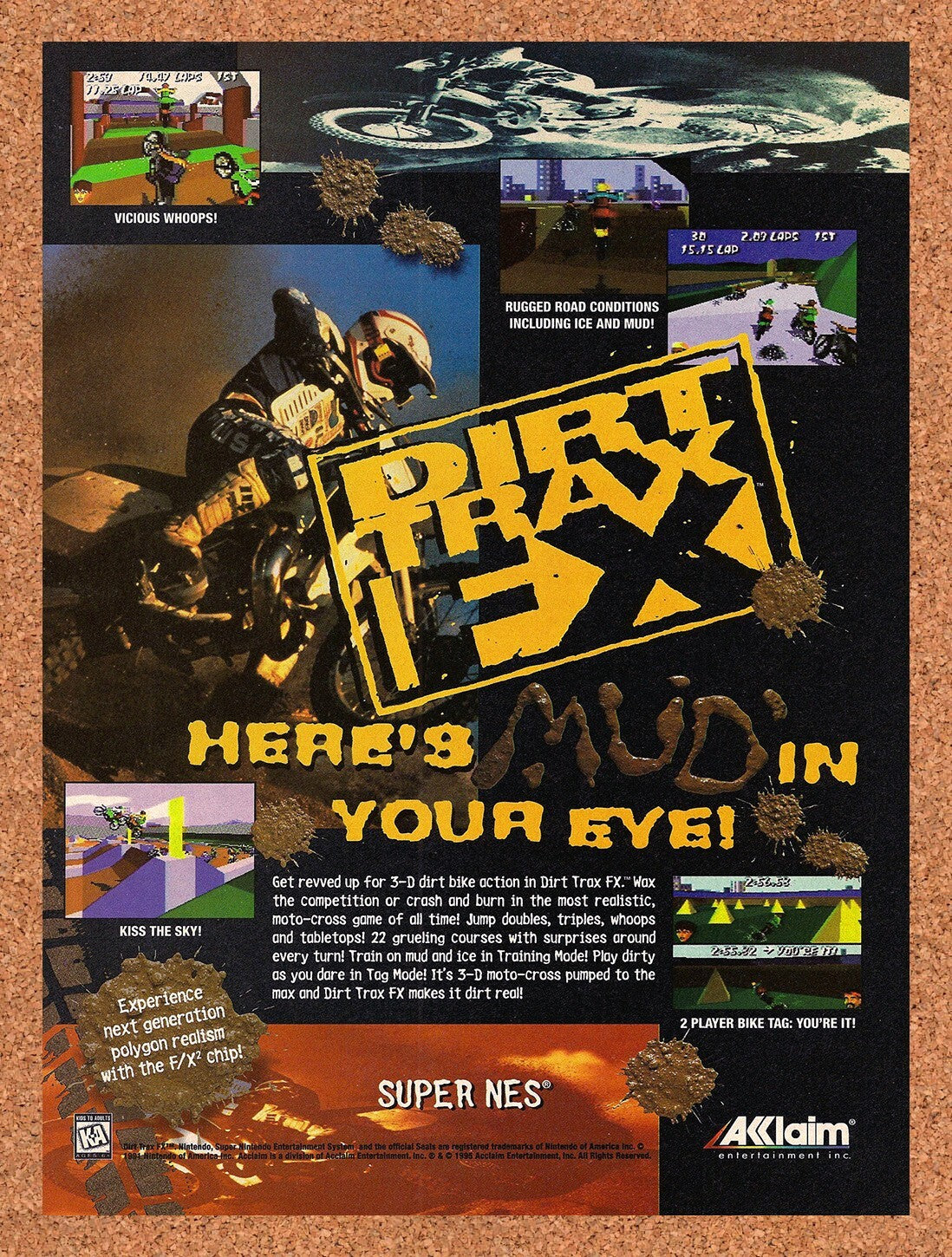 1995 Dirt Trax FX SNES Original Advertisement / Retro Wall Art v1