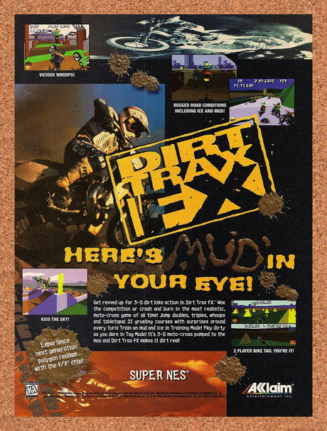 1995 Dirt Trax FX SNES Original Advertisement / Retro Wall Art v1