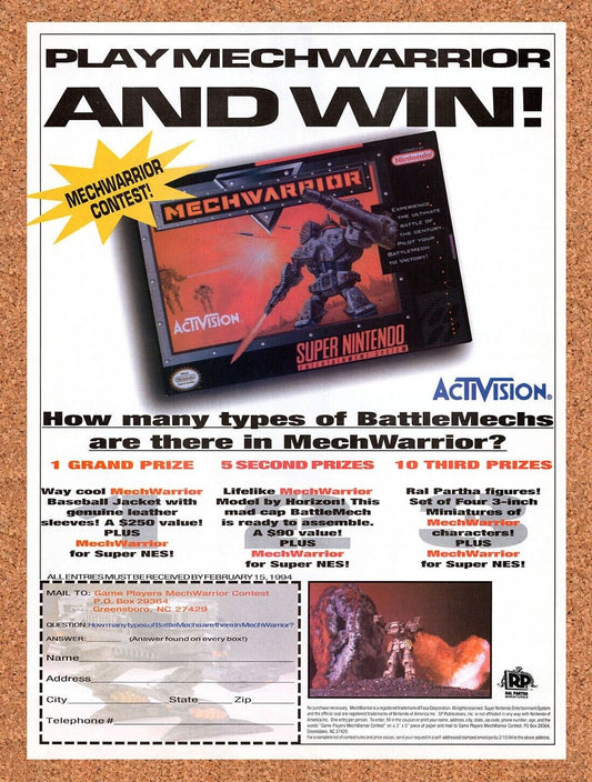 1992 MechWarrior SNES Original Advertisement / Retro Wall Art v3