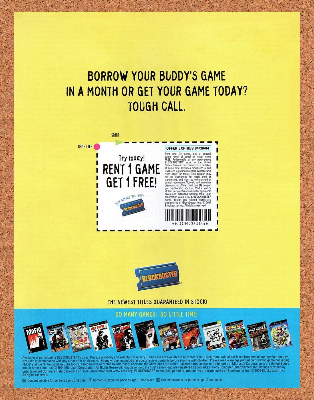 Blockbuster Original 2003 Vintage Ad - Rent 1 Get 1 Video Game Rebate Promo