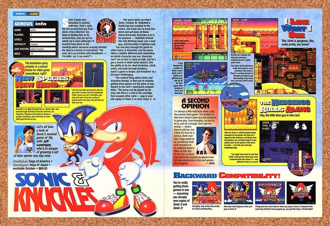 Sonic & Knuckles Sega Genesis Original 1993 Ad Authentic Video Game Art Promo