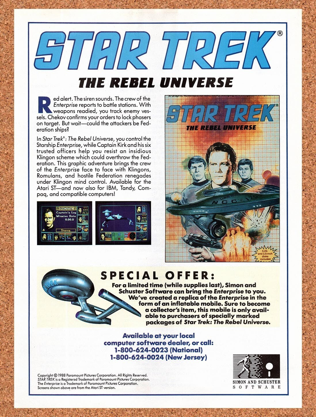 1988 Star Trek The Rebel Universe Atari ST Original Ad / Retro Wall Art v1