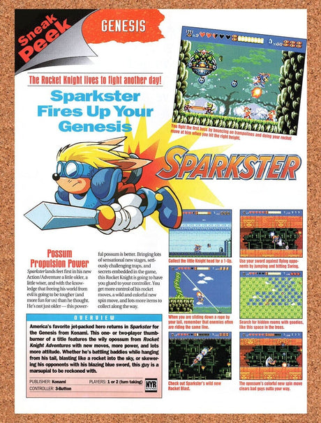 Sparkster Rocket Knight 2 Genesis Original 1994 Vintage Ad - Game Review Promo