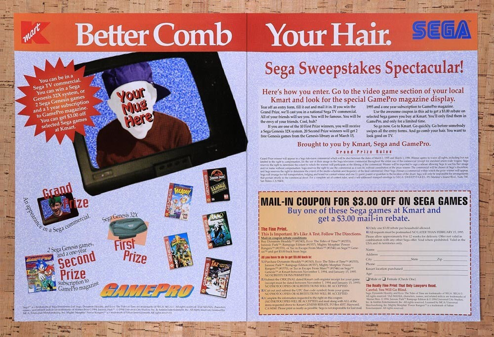 1995 Gamepro Sega TV Commercial Sweepstakes Original Ad / Retro Wall Art v2