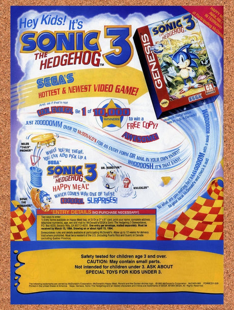 1994 Sonic 3 Sweepstakes Original Advertisement / Retro Promo v3