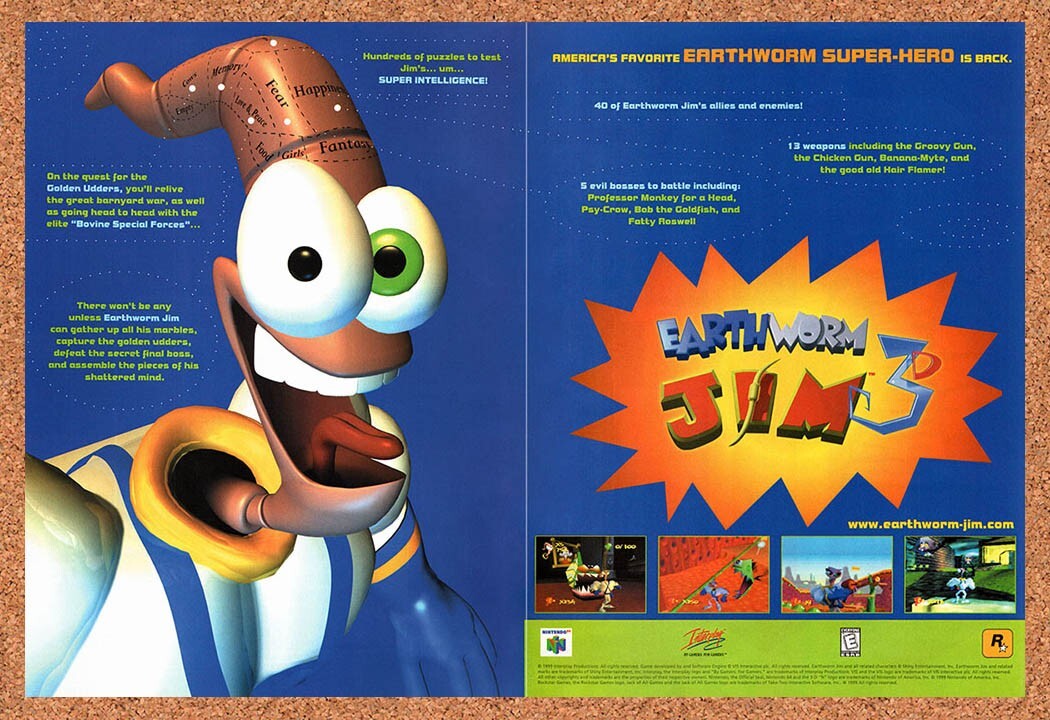 1999 Earthworm Jim 3D N64 Original Advertisement / Retro Wall Art v2