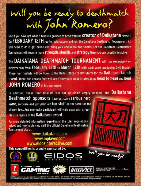 1999 Daikatana Sweepstakes Original Advertisement / Retro Promo v1