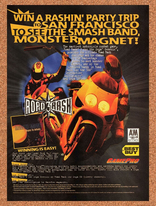 1994 Road Rash 3 Sweepstakes Original Advertisement / Retro Wall Art v4